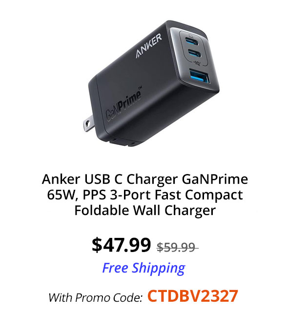 Anker USB C Charger GaNPrime 65W, PPS 3-Port Fast Compact Foldable Wall Charger