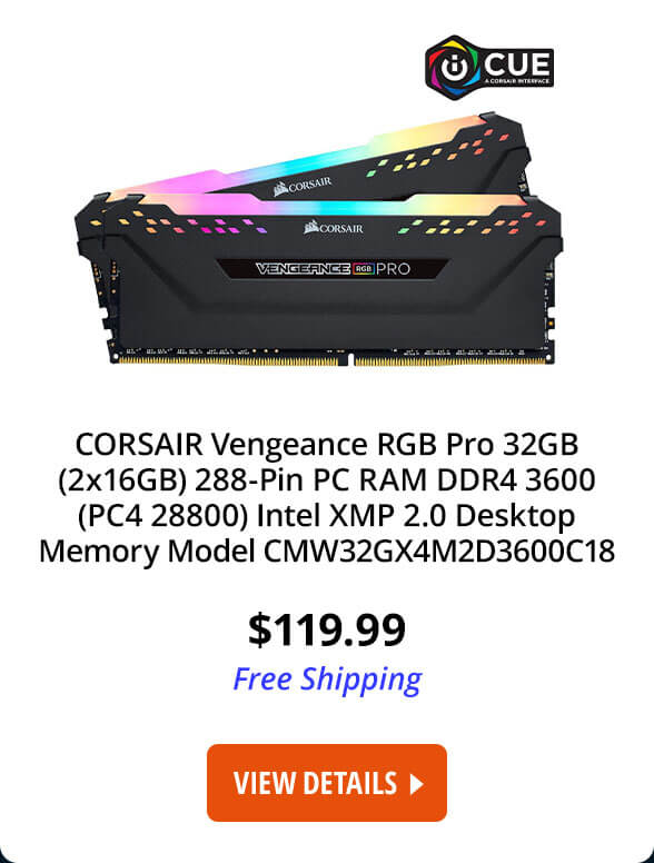 CORSAIR Vengeance RGB Pro 32GB (2x16GB) 288-Pin PC RAM DDR4 3600 (PC4 28800) Intel XMP 2.0 Desktop Memory Model CMW32GX4M2D3600C18