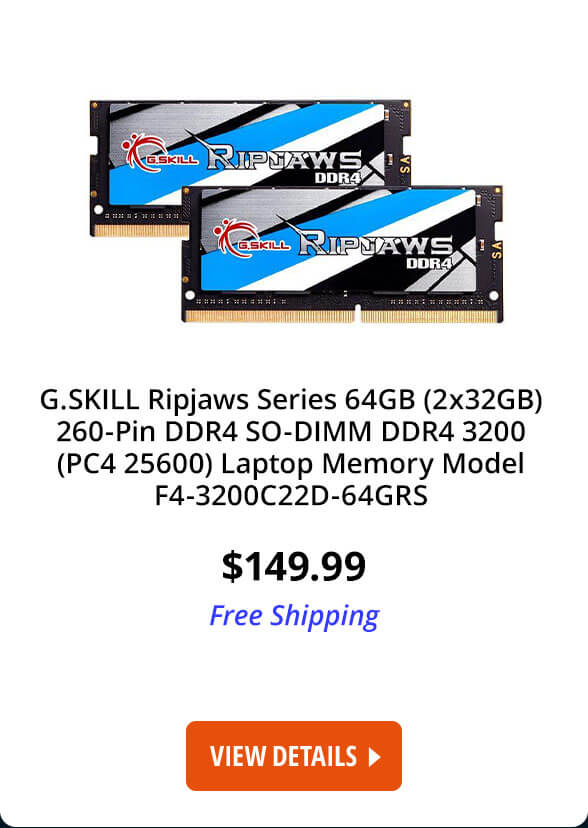 G.SKILL Ripjaws Series 64GB (2x32GB) 260-Pin DDR4 SO-DIMM DDR4 3200 (PC4 25600) Laptop Memory Model F4-3200C22D-64GRS