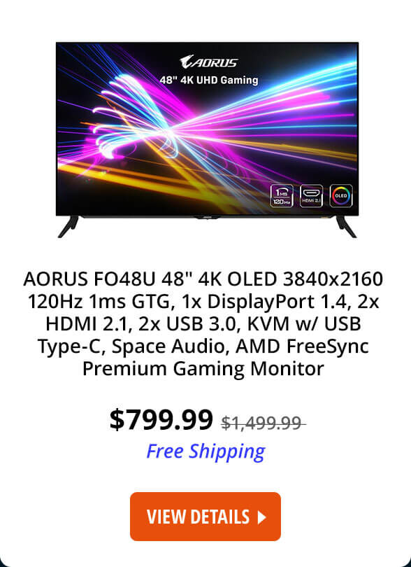 AORUS FO48U 48" 4K OLED 3840x2160 120Hz 1ms GTG, 1x DisplayPort 1.4, 2x HDMI 2.1, 2x USB 3.0, KVM w/ USB Type-C, Space Audio, AMD FreeSync Premium Gaming Monitor