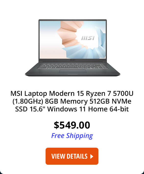 MSI Laptop Modern 15 A5M-288 AMD Ryzen 7 5000 Series 5700U (1.80GHz) 8GB Memory 512GB NVMe SSD AMD Radeon Graphics 15.6" Windows 11 Home 64-bit