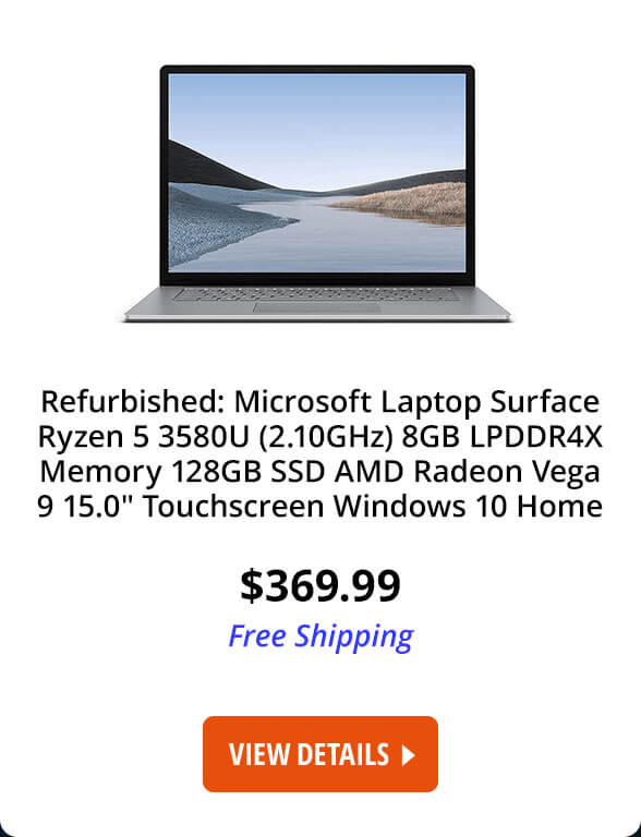 Refurbished: Microsoft Laptop Surface Laptop 3 PLR-00001 AMD Ryzen 5 3580U (2.10GHz) 8GB LPDDR4X Memory 128 GB SSD AMD Radeon Vega 9 15.0" Touchscreen Windows 10 Home (Microsoft Certified Refurbished)