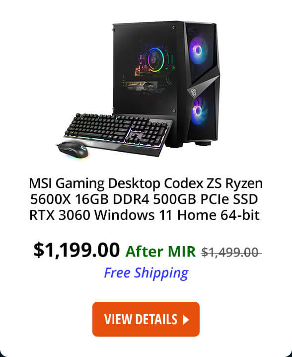 MSI Gaming Desktop Codex ZS 5TC-042US Ryzen 5 5000 Series 5600X (3.70GHz) 16GB DDR4 500GB PCIe SSD NVIDIA GeForce RTX 3060 Windows 11 Home 64-bit