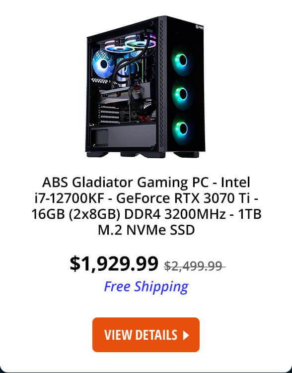 ABS Gladiator Gaming PC - Intel i7-12700KF - GeForce RTX 3070 Ti - 16GB (2x8GB) DDR4 3200MHz - 1TB M.2 NVMe SSD