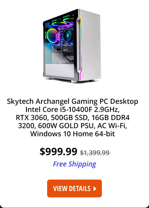 Skytech Archangel Gaming PC Desktop Intel Core i5-10400F 2.9GHz, RTX 3060, 500GB SSD, 16GB DDR4 3200, 600W GOLD PSU, AC Wi-Fi, Windows 10 Home 64-bit