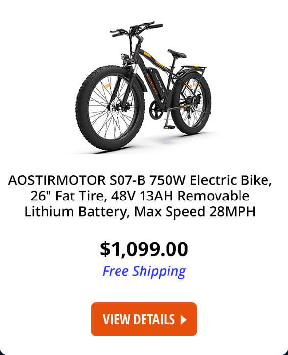 AOSTIRMOTOR S07-B 750W Electric Bike, 26" Fat Tire, 48V 13AH Removable Lithium Battery, Max Speed 28MPH