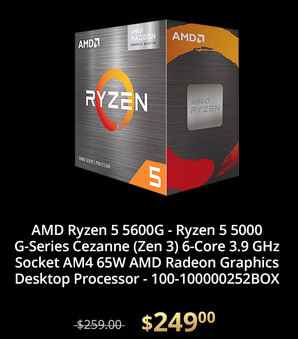 AMD Ryzen 5 5600G - Ryzen 5 5000 G-Series Cezanne (Zen 3) 6-Core 3.9 GHz Socket AM4 65W AMD Radeon Graphics Desktop Processor - 100-100000252BOX