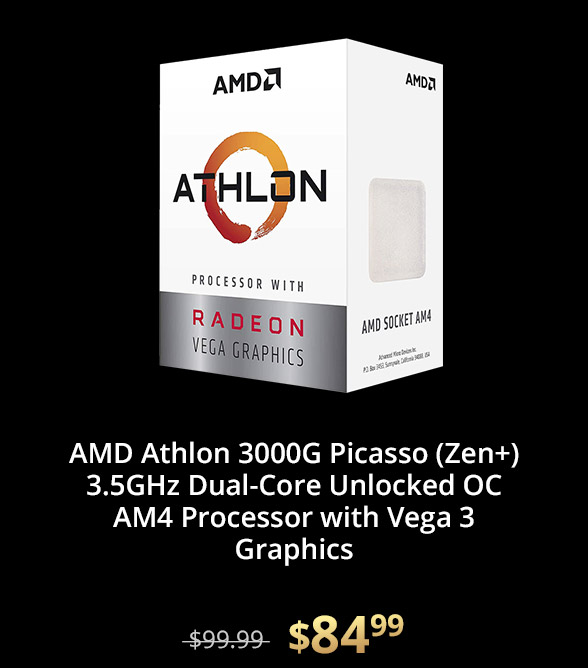 AMD Athlon 3000G Picasso (Zen+) 3.5GHz Dual-Core Unlocked OC AM4 Processor with Vega 3 Graphics