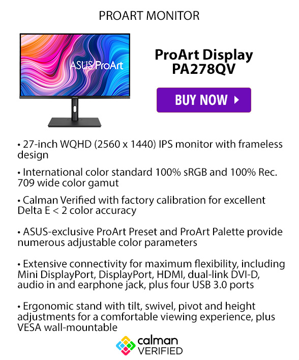 ASUS ProArt Display 27 1440P Monitor (PA278QV) - QHD (2560 x 1440), 100% sRGB/Rec. 709 Delta E < 2, IPS, DisplayPort HDMI DVI-D Mini DP, Calman Verified, Eye Care, Tilt, Pivot, Swivel, Height Adjustable