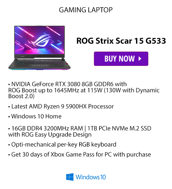 ASUS ROG Strix Scar 15 (2021) Gaming Laptop, 15.6 300Hz IPS Type FHD, NVIDIA GeForce RTX 3080, AMD Ryzen 9 5900HX, 16GB DDR4, 1TB SSD, Opti-Mechanical Per-Key RGB Keyboard, Windows 10 Home, G533QS-DS96