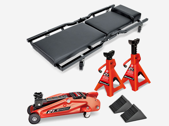 Powerbuilt 6 Piece Garage Set, Floor Jack, Jack Stands, Creeper, Wheel Chocks