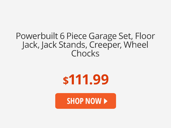 Powerbuilt 6 Piece Garage Set, Floor Jack, Jack Stands, Creeper, Wheel Chocks