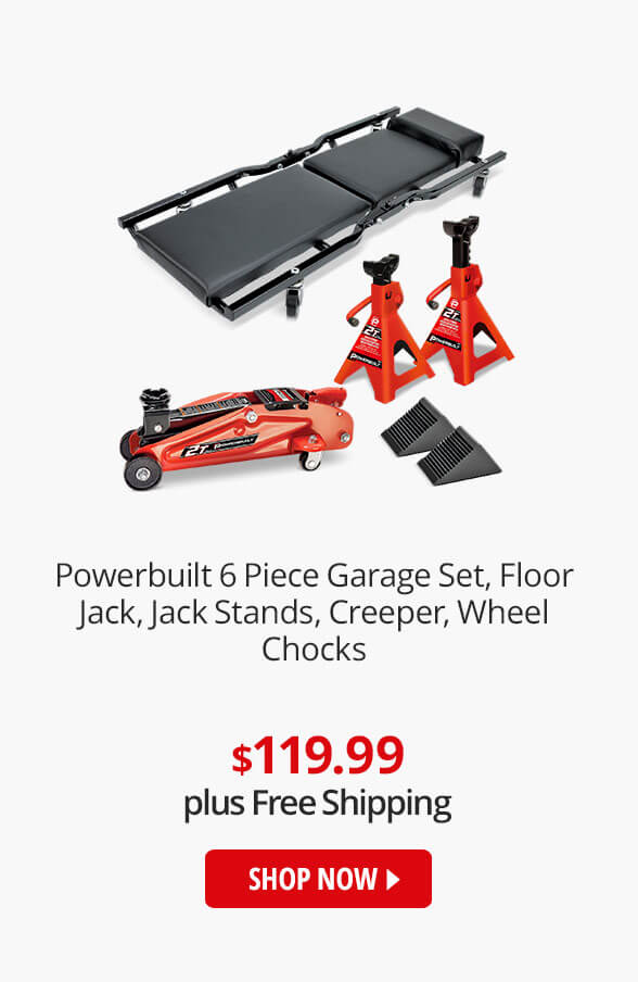 Powerbuilt 6 Piece Garage Set, Floor Jack, Jack Stands, Creeper, Wheel Chocks