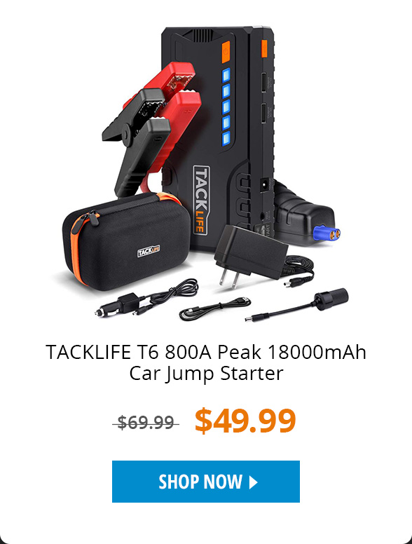 TACKLIFE T6 800A Peak 18000mAh Car Jump Starter (up to 7.0L Gas, 5.5L Diesel Engine) with Long Standby, Quick Charge, 12V Auto Battery Booster, Portable Power Pack for Cars, Trucks, SUV