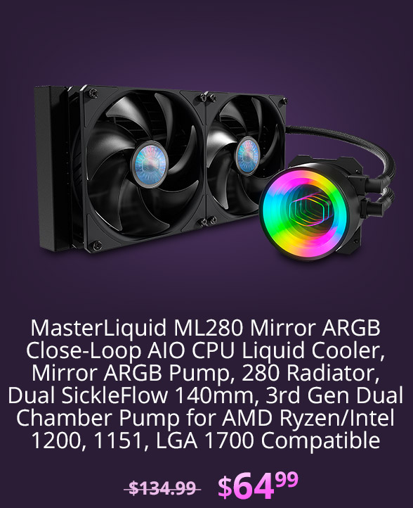 MasterLiquid ML280 Mirror ARGB Close-Loop AIO CPU Liquid Cooler, Mirror ARGB Pump, 280 Radiator, Dual SickleFlow 140mm, 3rd Gen Dual Chamber Pump for AMD Ryzen/Intel 1200, 1151, LGA 1700 Compatible