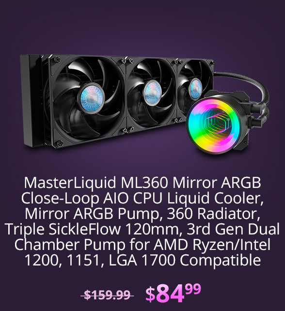 MasterLiquid ML360 Mirror ARGB Close-Loop AIO CPU Liquid Cooler, Mirror ARGB Pump, 360 Radiator, Triple SickleFlow 120mm, 3rd Gen Dual Chamber Pump for AMD Ryzen/Intel 1200, 1151, LGA 1700 Compatible