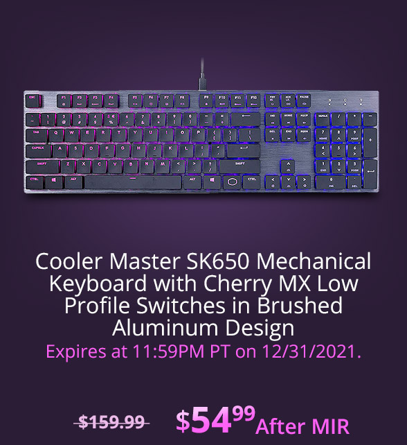 Cooler Master SK650 Mechanical Keyboard with Cherry MX Low Profile Switches in Brushed Aluminum Design