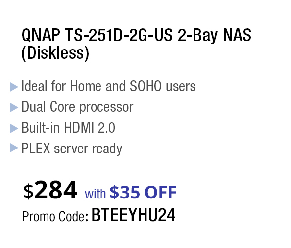 QNAP TS-251D-2G-US 2-Bay NAS (Diskless). $284 with $35 OFF Promo Code: BTEEYHU24