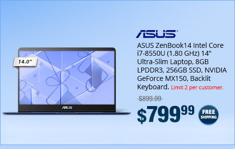 ASUS ZenBook14 Intel Core i7-8550U (1.80 GHz) 14" Ultra-Slim Laptop, 8GB LPDDR3, 256GB SSD, NVIDIA GeForce MX150, Backlit keyboard