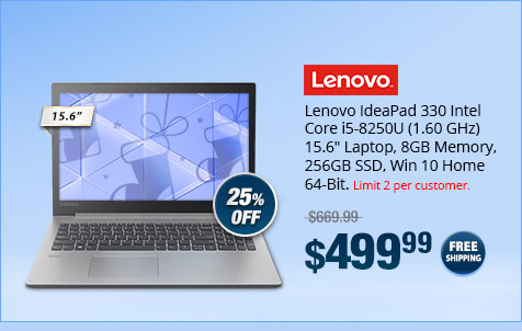 Lenovo IdeaPad 330 Intel Core i5-8250U (1.60 GHz) 15.6" Laptop, 8GB Memory, 256GB SSD, Win 10 Home 64-Bit