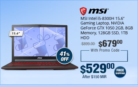MSI Intel i5-8300H 15.6 inch Gaming Laptop, NVIDIA GeForce GTX 1050 2GB, 8GB Memory, 128GB SSD, 1TB HDD
