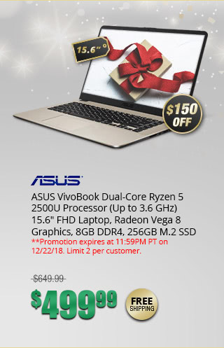 ASUS VivoBook Dual-Core Ryzen 5 2500U Processor (Up to 3.6 GHz) 15.6" FHD Laptop, Radeon Vega 8 Graphics, 8GB DDR4, 256GB M.2 SSD