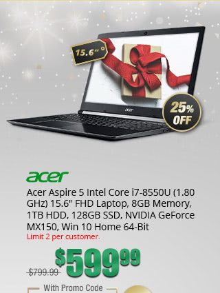 Acer Aspire 5 Intel Core i7-8550U (1.80 GHz) 15.6" FHD Laptop, 8GB Memory, 1TB HDD, 128GB SSD, NVIDIA GeForce MX150, Win 10 Home 64-Bit