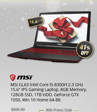 MSI GL63 Intel Core i5-8300H 15.6" IPS Gaming Laptop, 8GB Memory, 128GB SSD, 1TB HDD, GeForce GTX 1050, Win 10 Home 64-Bit