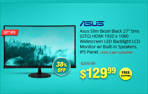 Asus Slim Bezel Black 27" 5ms (GTG) HDMI 1920 x 1080 Widescreen LED Backlight LCD Monitor w/ Built-in Speakers, IPS Panel