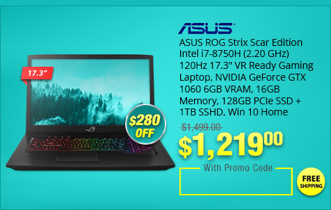 ASUS ROG Strix Scar Edition Intel i7-8750H (2.20 GHz) 120Hz 17.3" 120 Hz VR Ready Gaming Laptop, NVIDIA GeForce GTX 1060 6GB VRAM, 16GB Memory, 128GB PCIe SSD + 1TB SSHD, Win 10 Home