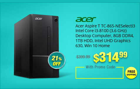 Acer Aspire T TC-865-NESelecti3 Intel Core i3-8100 (3.6 GHz) Desktop Computer, 8GB DDR4, 1TB HDD, Intel UHD Graphics 630, Win 10 Home