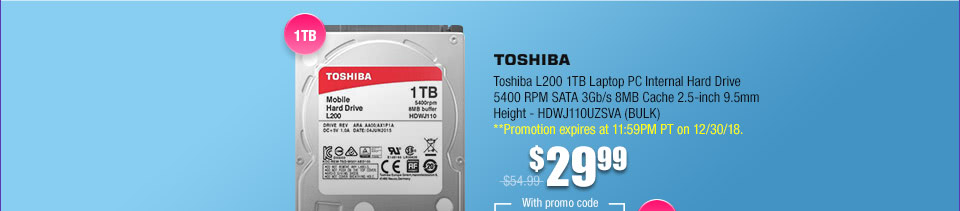 Toshiba L200 1TB Laptop PC Internal Hard Drive 5400 RPM SATA 3Gb/s 8MB Cache 2.5-inch 9.5mm Height - HDWJ110UZSVA (BULK)