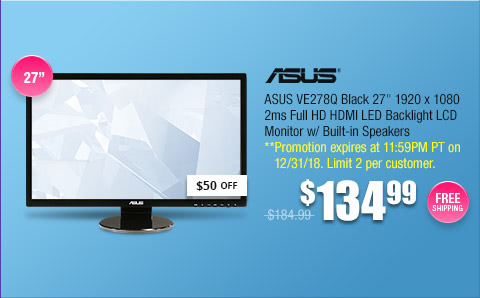ASUS VE278Q Black 27" 1920 x 1080 2ms Full HD HDMI LED Backlight LCD Monitor w/ Built-in Speakers