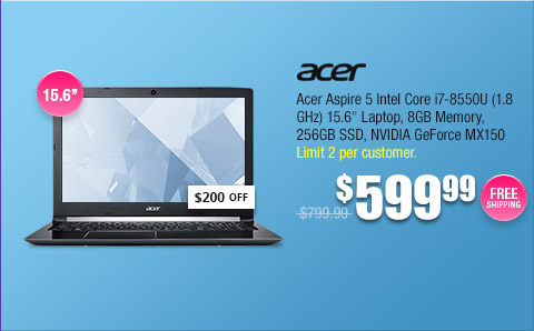 Acer Aspire 5 Intel Core i7-8550U (1.8 GHz) 15.6" Laptop, 8GB Memory, 256GB SSD, NVIDIA GeForce MX150