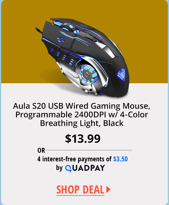 Aula S20 USB Wired Gaming Mouse, Programmable 2400DPI w/ 4-Color Breathing Light, Black