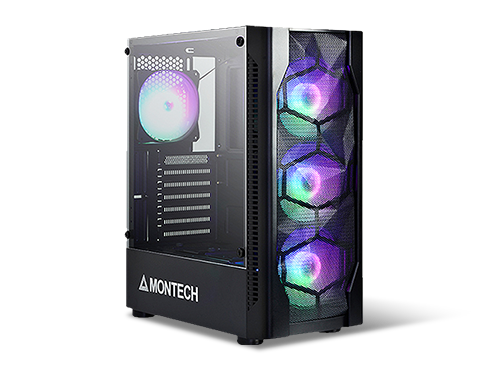 Montech X1 Black ATX Mid-Tower Case/High Airflow, Front Mesh Ventilation, Tempered Glass Side Panel, Pre-Installed 4 x 120mm Autoflow Rainbow LED Fans