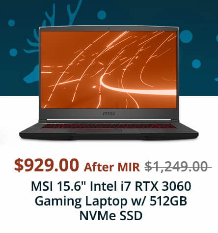 MSI 15.6 Intel i7 RTX 3060 Gaming Laptop w/ 512GB NVMe SSD 