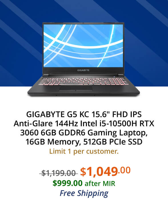 GIGABYTE G5 KC 15.6" FHD IPS Anti-Glare 144Hz Intel i5-10500H RTX 3060 6GB GDDR6 Gaming Laptop, 16GB Memory, 512GB PCIe SSD