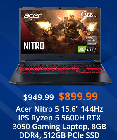 Acer Nitro 5 15.6" 144Hz IPS Ryzen 5 5600H RTX 3050 Gaming Laptop, 8GB DDR4, 512GB PCIe SSD