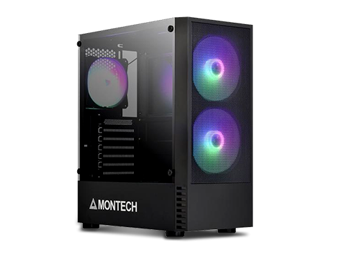 Montech X2 MESH Black ATX Mid-Tower Case/High Airflow, Fine Mesh Front Panel, Full Glass Side Panel, Pre-Installed 2 x 140mm, 1 x 120 mm Rainbow Led Fans
