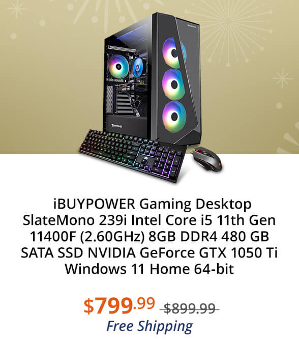 iBUYPOWER Gaming Desktop SlateMono 239i Intel Core i5 11th Gen 11400F (2.60GHz) 8GB DDR4 480 GB SATA SSD NVIDIA GeForce GTX 1050 Ti Windows 11 Home 64-bit