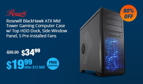 Rosewill BlackHawk ATX Mid Tower Gaming Computer Case w/ Top HDD Dock, Side Window Panel, 5 Pre-Installed Fans