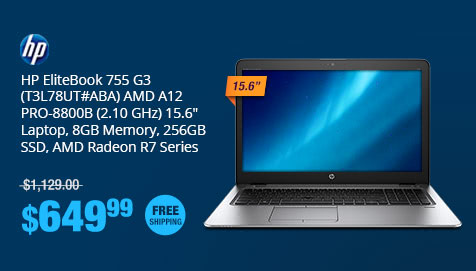 HP EliteBook 755 G3 (T3L78UT#ABA) AMD A12 PRO-8800B (2.10 GHz) 15.6" Laptop, 8GB Memory, 256GB SSD, AMD Radeon R7 Series