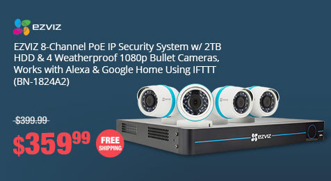 EZVIZ 8-Channel PoE IP Security System w/ 2TB HDD & 4 Weatherproof 1080p Bullet Cameras, Works with Alexa & Google Home Using IFTTT (BN-1824A2)