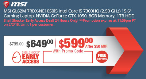 MSI GL62M 7RDX-NE1050i5 Intel Core i5 7300HQ (2.50 GHz) 15.6" Gaming Laptop, NVIDIA GeForce GTX 1050, 8GB Memory, 1TB HDD