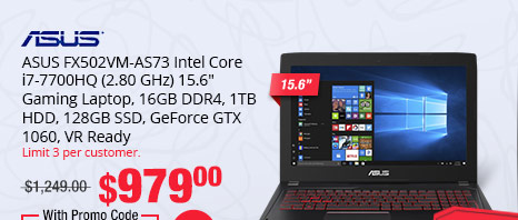 ASUS FX502VM-AS73 Intel Core i7-7700HQ (2.80 GHz) 15.6" Gaming Laptop, 16GB DDR4, 1TB HDD, 128GB SSD, GeForce GTX 1060, VR Ready