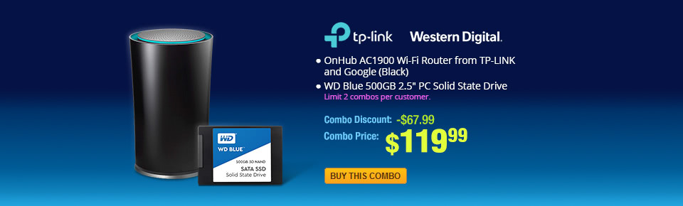 
Combo: OnHub AC1900 Wi-Fi Router from TP-LINK and Google (Black) and WD Blue 500GB 2.5" PC Solid State Drive