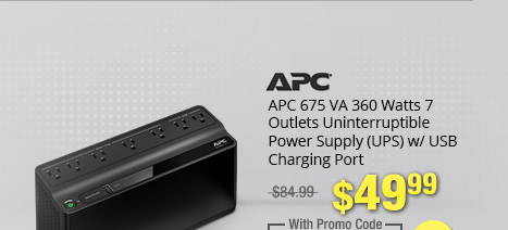 APC 675 VA 360 Watts 7 Outlets Uninterruptible Power Supply (UPS) w/ USB Charging Port