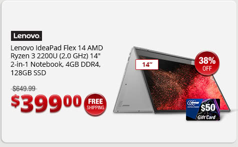 Lenovo IdeaPad Flex 14 AMD Ryzen 3 2200U (2.0 GHz) 14" 2-in-1 Notebook , 4GB DDR4, 128GB SSD