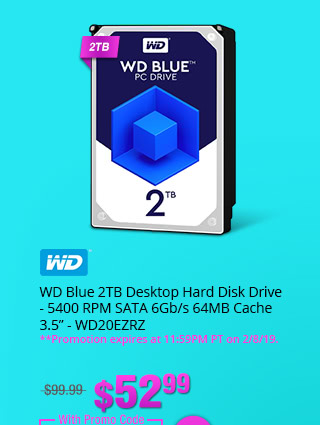 WD Blue 2TB Desktop Hard Disk Drive - 5400 RPM SATA 6Gb/s 64MB Cache 3.5 Inch - WD20EZRZ